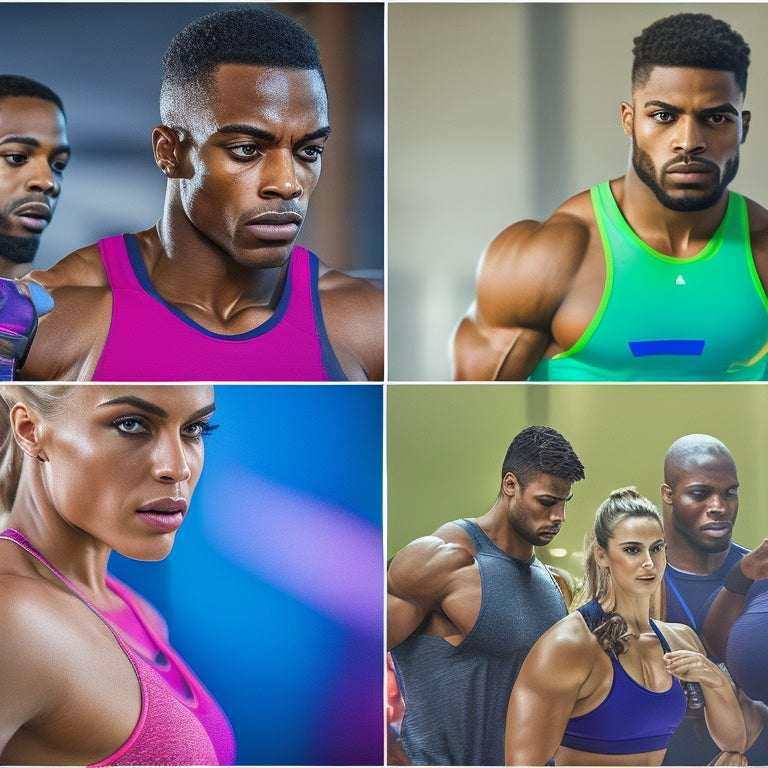 A vibrant gym scene showcasing diverse individuals using sleek fitness trackers while engaging in various workouts—running, cycling, and weightlifting. Bright colors, dynamic movements, and close-up shots of the trackers highlighting their features.