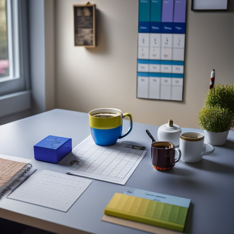 A calendar with movable blocks in different colors, scattered around a table, surrounded by pencils, papers, and a cup of coffee, with a subtle background of a school hallway.