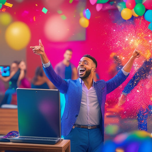 A vibrant illustration of a person in a dance studio, surrounded by laptops and tablets with screens displaying virtual dance classes, with confetti and balloons in the background, symbolizing celebration and achievement.