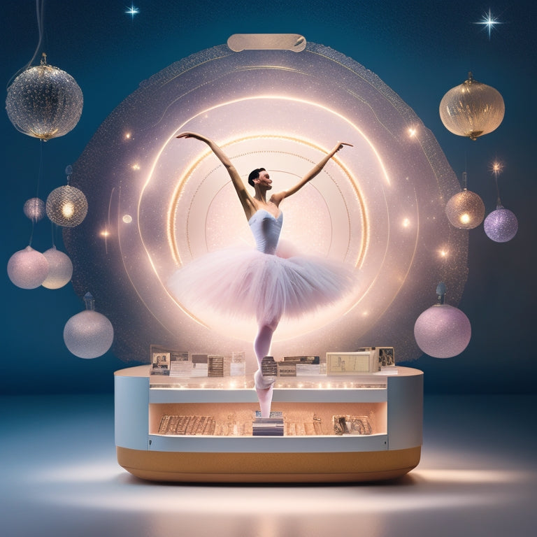 A stylized illustration of a ballet dancer in mid-pirouette, surrounded by floating business icons (briefcase, lightbulb, chart) in soft, pastel colors, with subtle sparkles and gentle, swirling patterns.