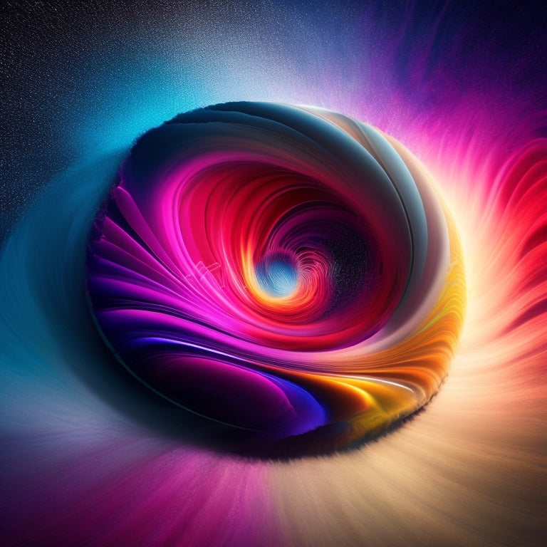 A vibrant, swirling vortex of colorful paintbrush strokes and shimmering light bursts forth from a central point, radiating outward in dynamic, curved lines, filling the frame with energetic, expressive movement.