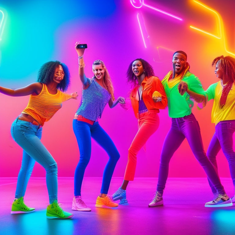 A vibrant, colorful illustration featuring 5-7 diverse young adults dancing in a trendy, neon-lit room, surrounded by TikTok icons and smartphones, with fun, dynamic poses and outfits.