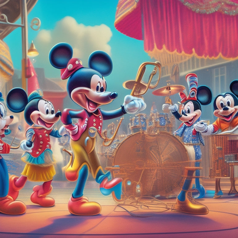 A vibrant illustration of Mickey Mouse and friends dancing amidst a whimsical, swirling background of musical notes, jazz instruments, and vintage Disney memorabilia, evoking a lively, nostalgic atmosphere.