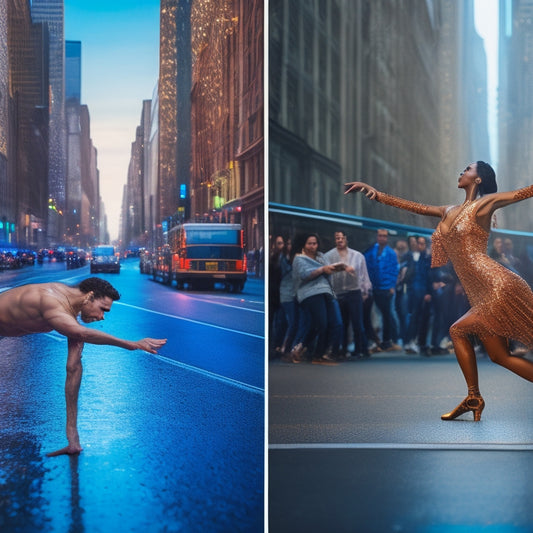 A split-screen image: a professional dancer in a studio, surrounded by mirrors and barres, with a laptop open in front of them, versus a crowded, noisy city street with dancers stuck in traffic.