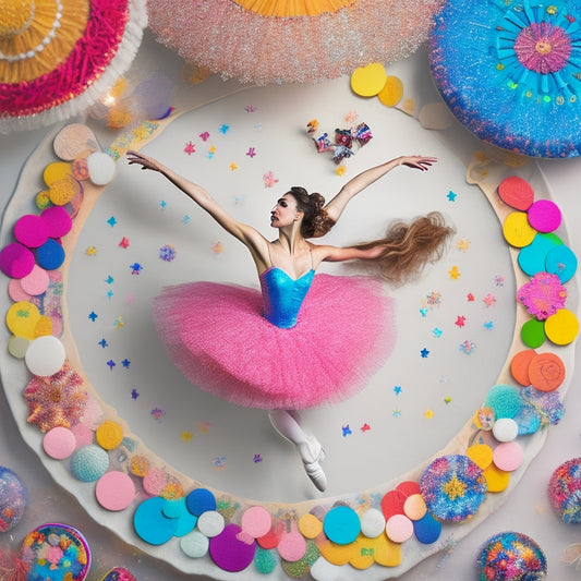 A whimsical illustration of a ballet dancer in mid-pirouette, surrounded by colorful stickers featuring ballet-themed icons, such as ballet shoes, tutus, and dance floors, scattered around her.