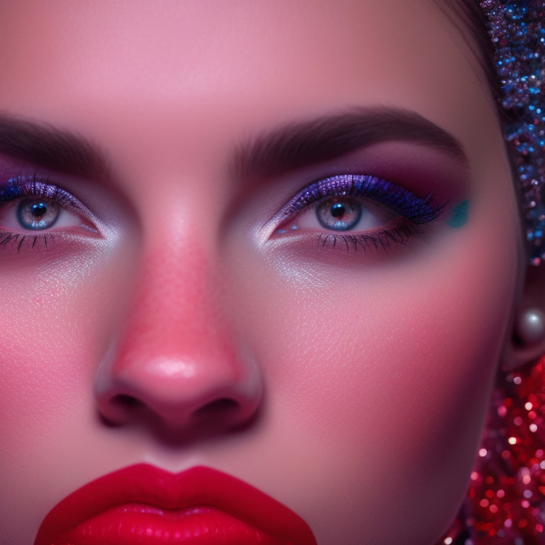 A close-up of a dancer's face, with shimmering silver eyeshadow, bold black eyeliner, and a bold red lip, against a blurred background of a dance studio with mirrors and barres.