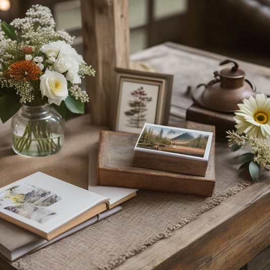 A warm, rustic wooden table holds a collection of assorted wedding photobooks in various sizes, surrounded by scattered polaroids, photo corners, and a small vase with fresh flowers.