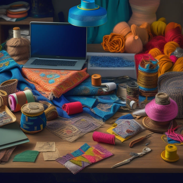 A whimsical illustration of a craft desk cluttered with fabric scraps, threads, and sewing tools, surrounded by half-finished costume pieces, with a laptop open in the center, displaying a tutorial screenshot.