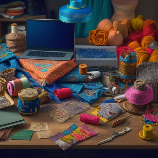 A whimsical illustration of a craft desk cluttered with fabric scraps, threads, and sewing tools, surrounded by half-finished costume pieces, with a laptop open in the center, displaying a tutorial screenshot.