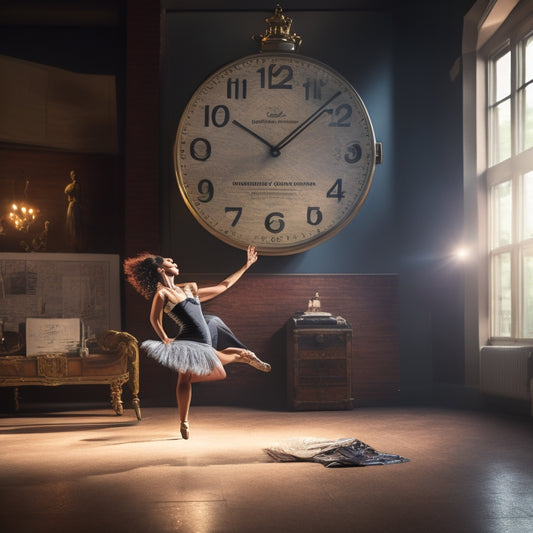 A spotlight shines on a confident dancer in a powerful pose, surrounded by scattered notes, a calendar, and a clock, with a subtle background of a dance studio or stage.