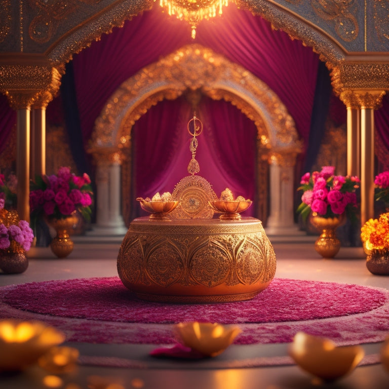 A vibrant, ornate stage with a shimmering golden backdrop, adorned with intricate Arabic calligraphy, surrounded by a halo of warm, golden lighting, and a scattering of rose petals.