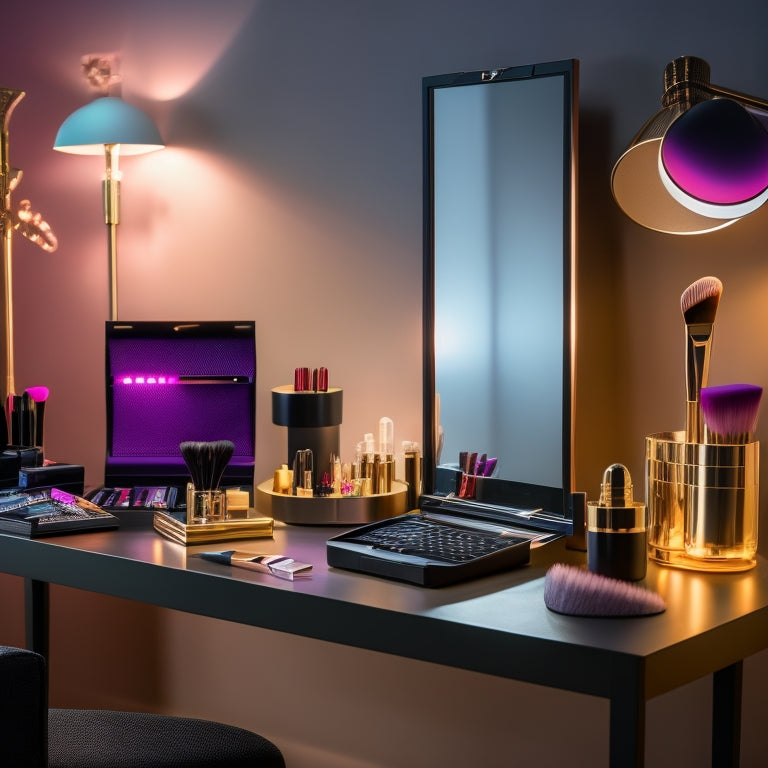 A beautifully lit, minimalist makeup station with a sleek, black vanity, adorned with an open laptop displaying the Easil template, surrounded by an array of colorful makeup brushes and products.