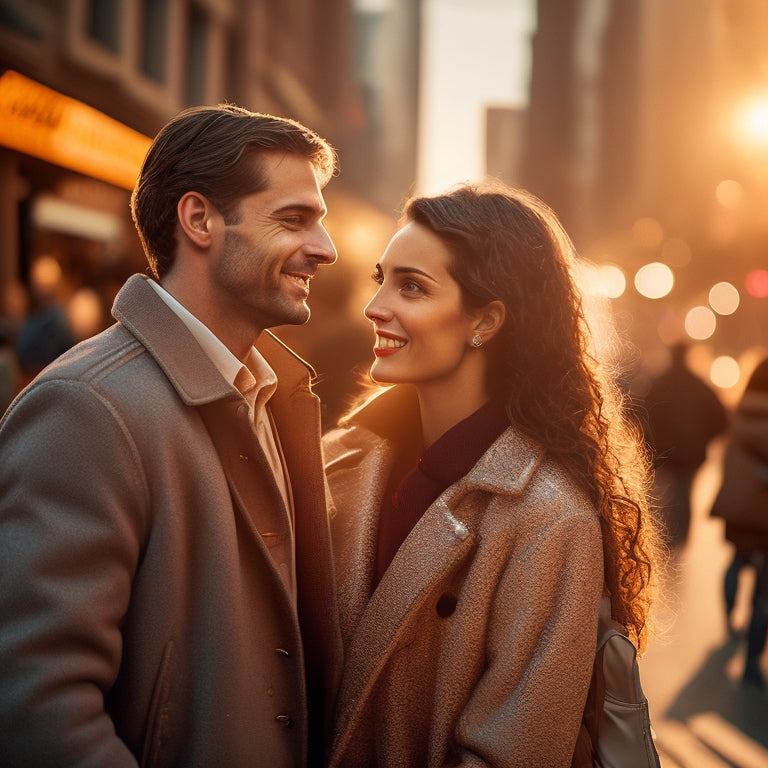 A warm, golden light spills onto a bustling city street as a photographer, camera in hand, captures a joyful couple sharing a tender moment, surrounded by blurred pedestrians and vibrant urban life.