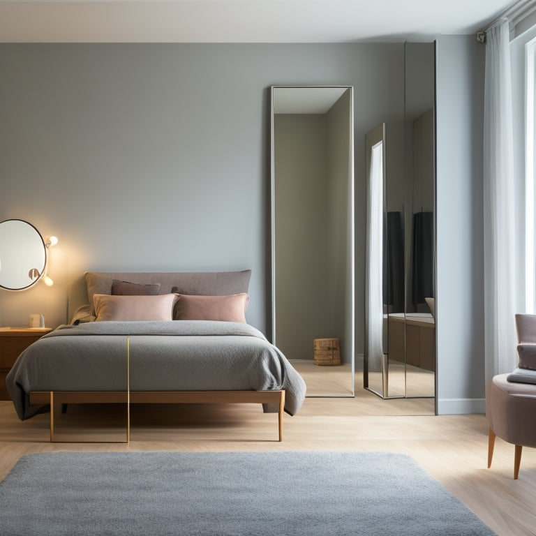 A minimalist, modern bedroom with three standing mirrors of varying styles and sizes, each placed in a different corner of the room, with soft, warm lighting and a blurred, grey-toned background.
