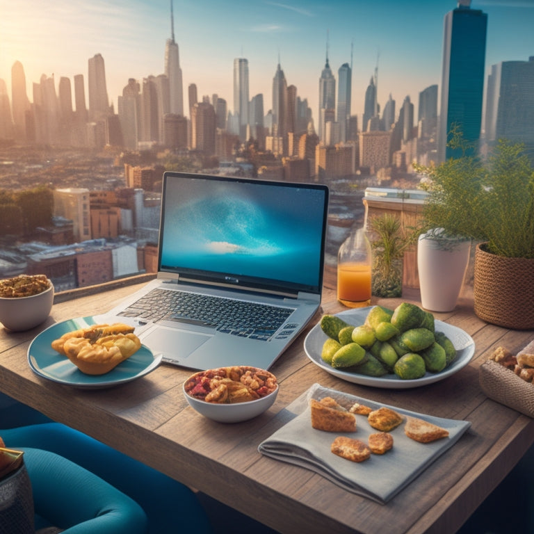 An illustration of a person sitting comfortably at a desk with a laptop, surrounded by healthy snacks and a yoga mat, with a subtle background of a cityscape or outdoor scenery.