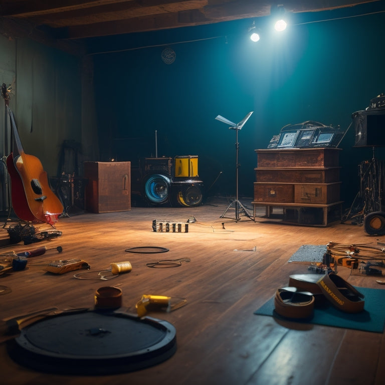 A dimly lit, empty studio with a subtle sparkle on the floor, featuring a scattered array of wooden planks, hammers, and measuring tapes, surrounded by dancing shoes and music notes.