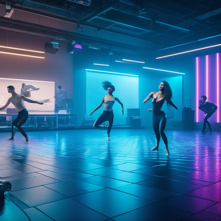 A futuristic dance studio with a dancer in motion, surrounded by tablets, smartphones, and laptops displaying dance videos, schedules, and music playlists, with a cityscape or neon lights in the background.