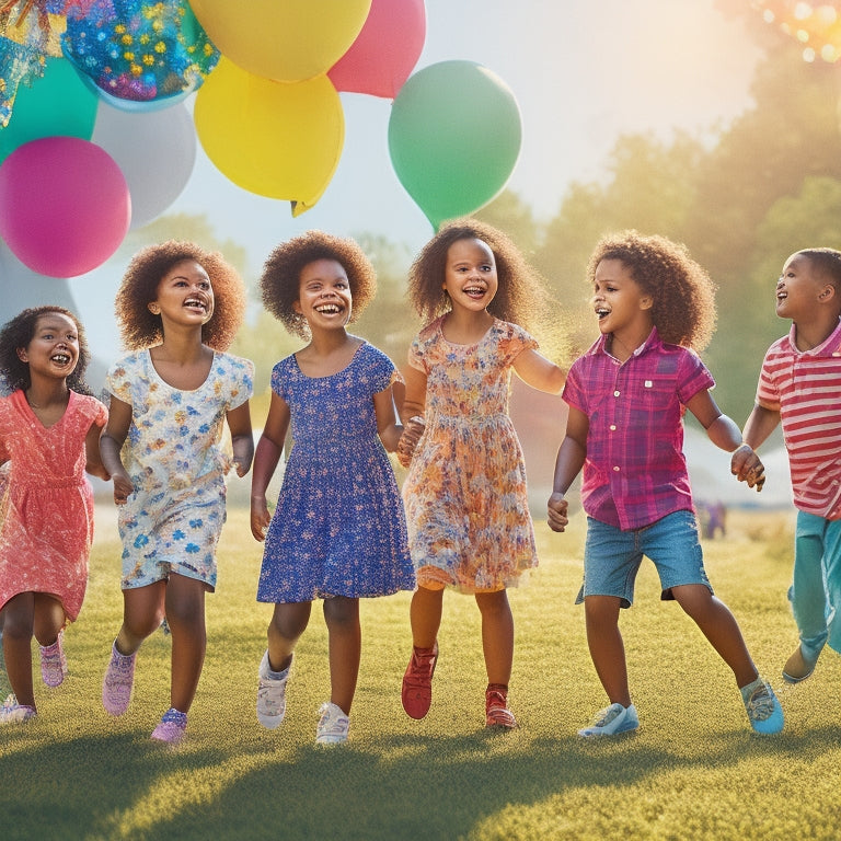 A vibrant, colorful illustration featuring a diverse group of happy kids dancing together in a sun-kissed outdoor setting, surrounded by summer elements like flowers, butterflies, and balloons.