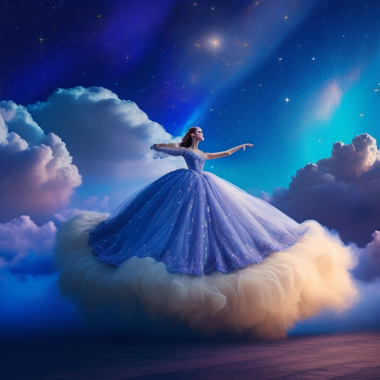 A whimsical illustration featuring a lone dancer in a flowing, star-studded gown, surrounded by swirling clouds of pastel colors and delicate, twinkling lights, set against a dark blue, moonlit sky.