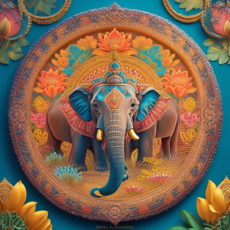 Vibrant, intricate illustrations of Indian deities, mandalas, and traditional motifs intertwined with peacocks, lotus flowers, and elephants, set against a warm, sunset-colored background with ornate golden borders.