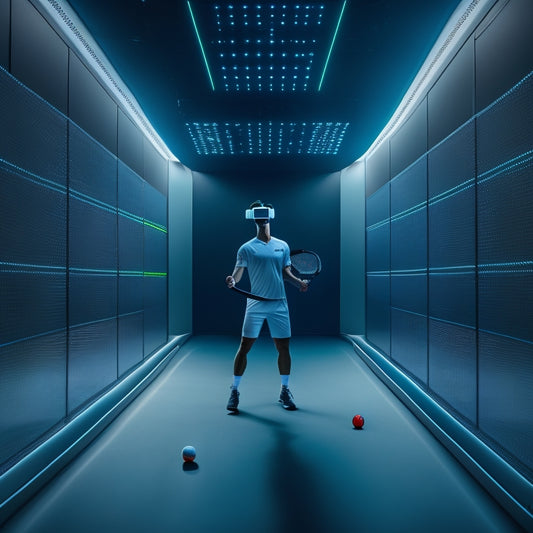 A futuristic, dimly lit room with a lone figure wearing a VR headset and holding a virtual tennis racket, surrounded by holographic tennis balls and data analytics graphs.