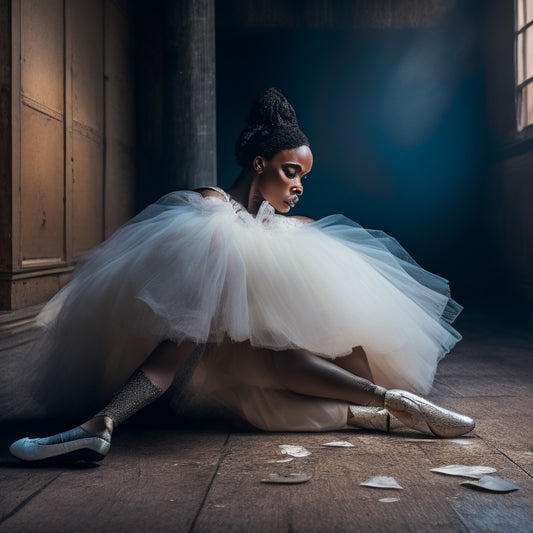 A haunting, monochromatic illustration of a Black ballerina, her face obscured by a cracked, white mask, surrounded by broken pointe shoes and torn tutus, set against a dark, worn wooden floor.