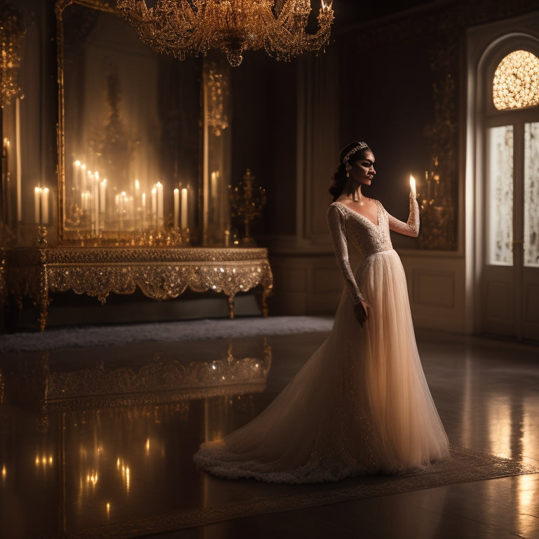 A serene, dimly lit dance studio with a lone, poised dancer in a flowing, ivory-white gown, adorned with intricate, gold embroidery, surrounded by ornate, Persian-inspired mirrors and candles.