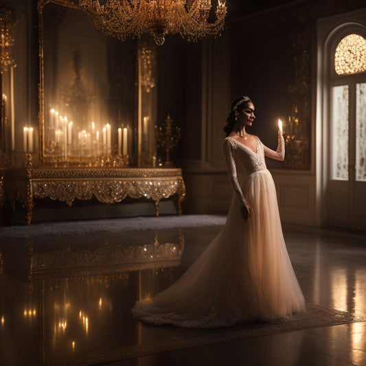 A serene, dimly lit dance studio with a lone, poised dancer in a flowing, ivory-white gown, adorned with intricate, gold embroidery, surrounded by ornate, Persian-inspired mirrors and candles.