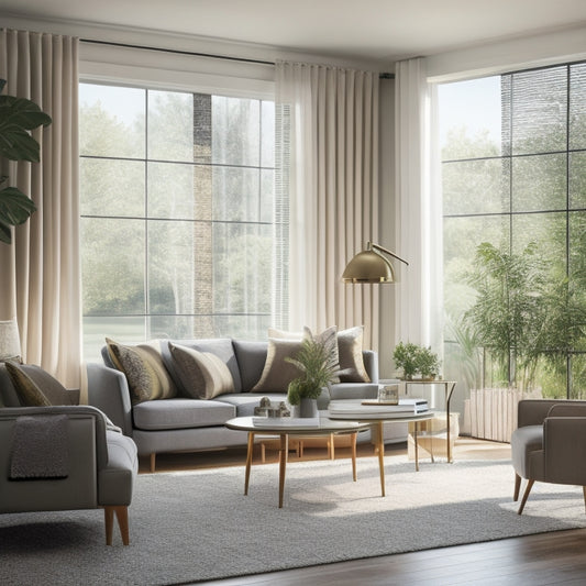 A stylish, modern living room with three large windows, each adorned with different Sanderson Blinds styles, surrounded by elegant furniture and lush greenery, bathed in warm, soft light.