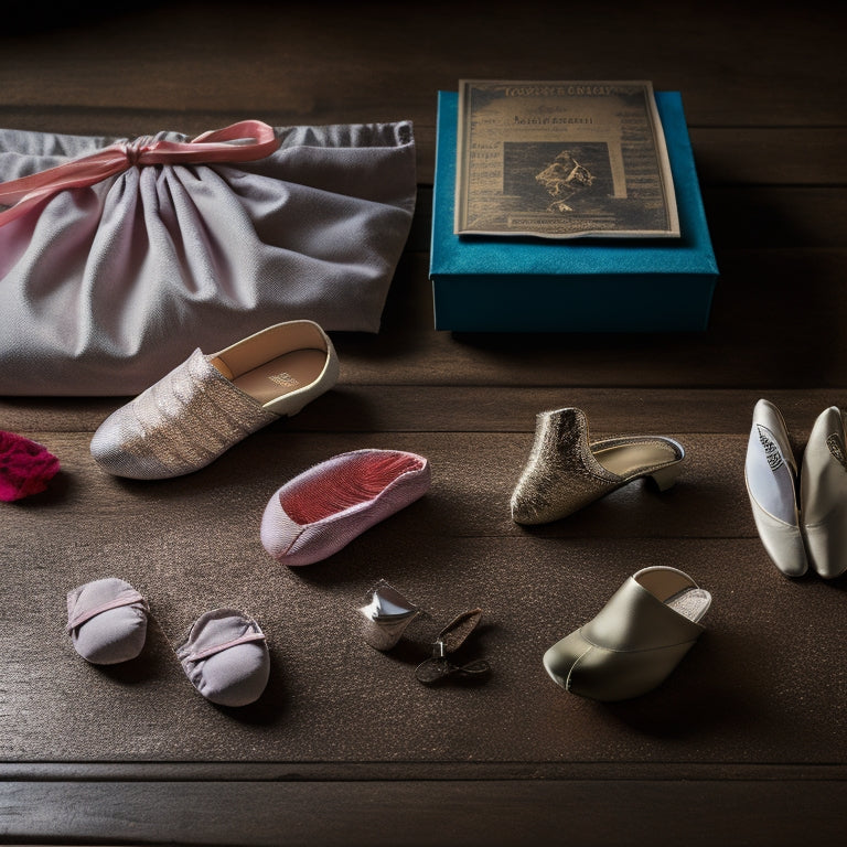 A ballet dancer's pointe shoes and ballet slippers laid out on a wooden floor, surrounded by various protective items like silica gel packets, shoe trees, and a soft, velvet pouch.