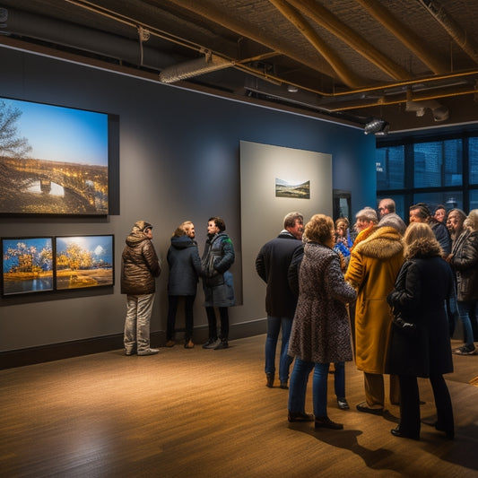 A darkened gallery space with vibrant photographs of Ann Arbor's cityscape, nature, and people, illuminated by soft spotlights, surrounded by visitors admiring the artwork.