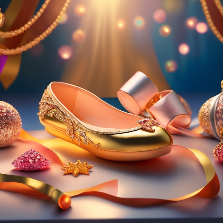 A whimsical illustration featuring a delicate, golden ballet slipper surrounded by swirling ribbons, trophies, and certificates, set against a soft, creamy background with subtle, shimmering lights.