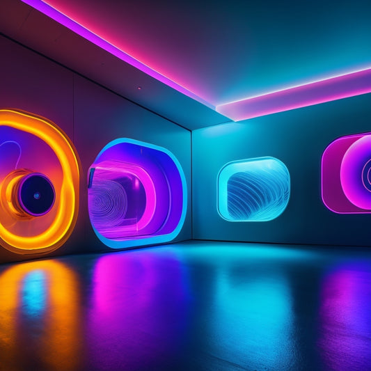 A futuristic, neon-lit gallery with sleek, minimalist walls, showcasing 10-15 vibrant, abstract digital art pieces with swirling patterns, geometric shapes, and futuristic landscapes.