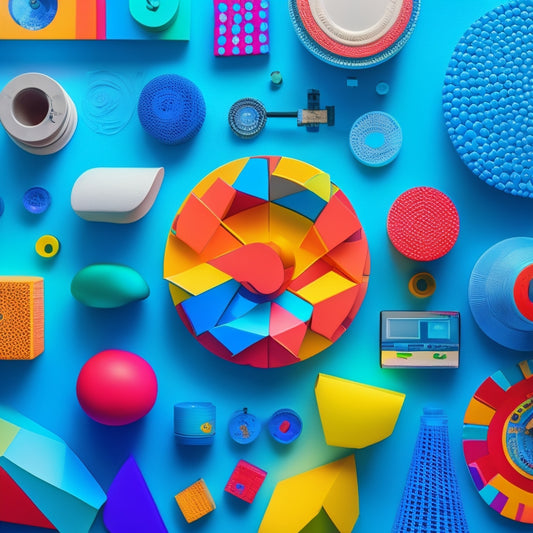 A vibrant, stylized mosaic of diverse learning projects, featuring swirling patterns of colorful paper, puzzles, paints, and futuristic gadgets, set against a bright, gradient blue background.