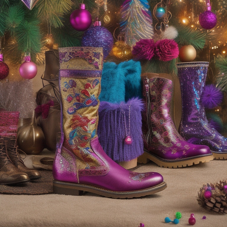 A vibrant display of diverse costume boots: glittery ankle boots, classic knee-highs, rugged lace-ups, and whimsical fairy-tale styles, all set against a colorful backdrop of festive decorations and accessories, inviting exploration and creativity.