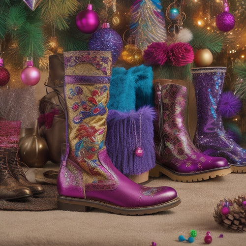 A vibrant display of diverse costume boots: glittery ankle boots, classic knee-highs, rugged lace-ups, and whimsical fairy-tale styles, all set against a colorful backdrop of festive decorations and accessories, inviting exploration and creativity.