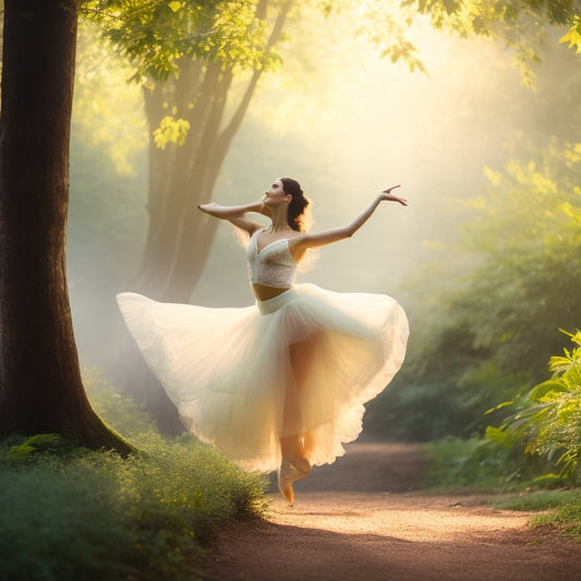 A serene, natural setting: a dancer in gentle motion, surrounded by lush greenery, with a subtle mist and warm, soft lighting, conveying harmony between body and nature.