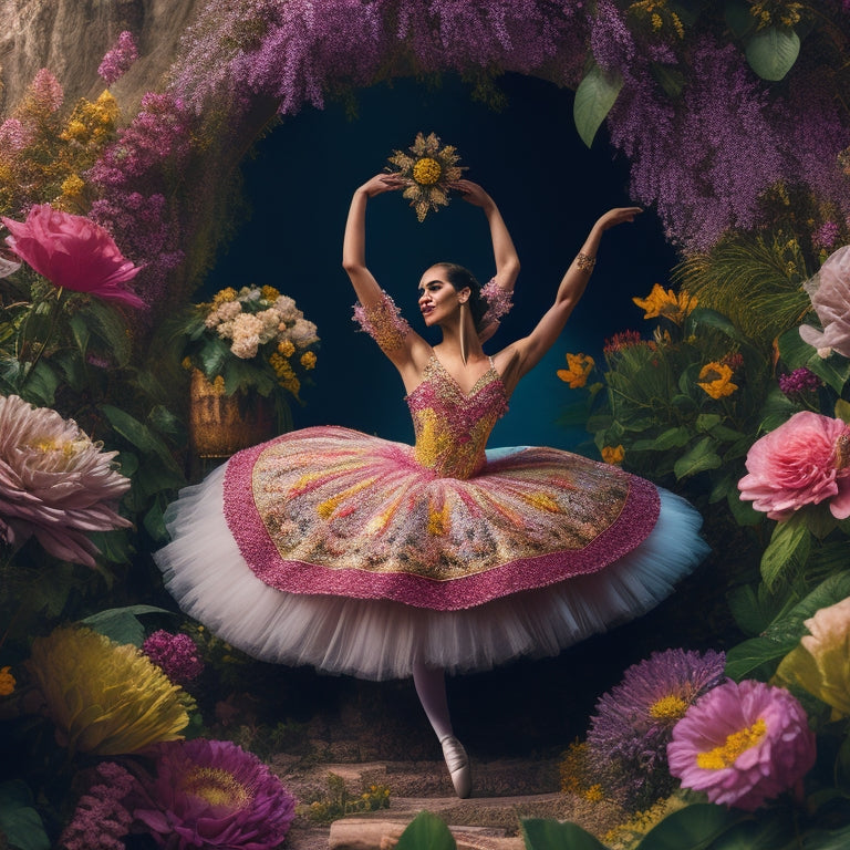 A whimsical illustration featuring a ballet dancer surrounded by a lush, vibrant floral arrangement, with intricate cross-stitch patterns woven throughout the flowers and the dancer's flowing tutu.