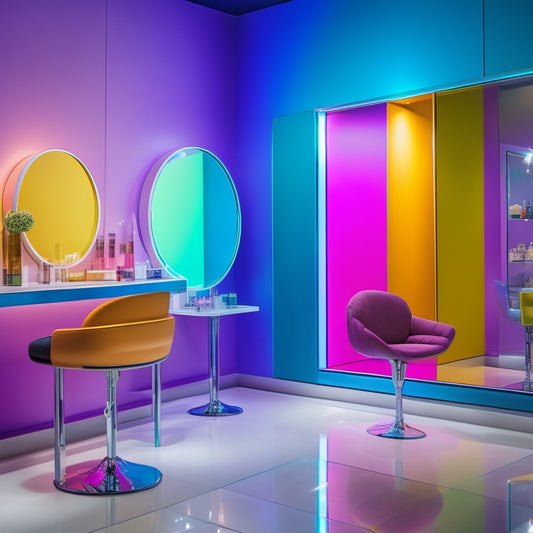 A vibrant, modern makeup studio with sleek mirrors, colorful product displays, and a stunning light installation resembling a rainbow-hued molecular structure, surrounded by chic, minimalist seating areas.