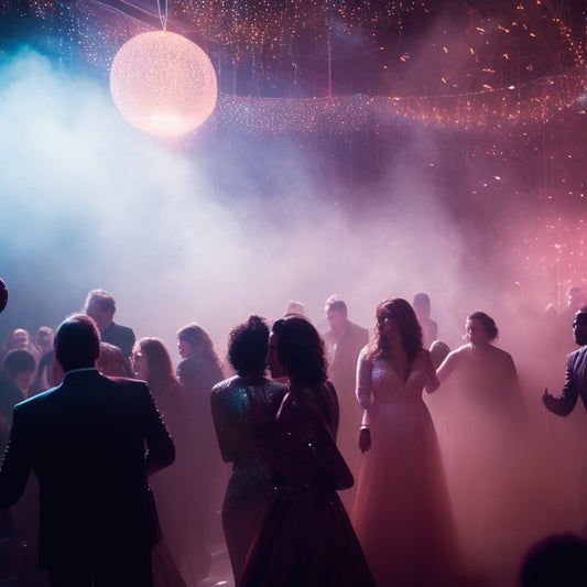 A vibrant, neon-lit dance floor filled with disco balls, flashing lights, and dancing silhouettes, surrounded by glamorous people in 70s attire, amidst a haze of smoke and confetti.