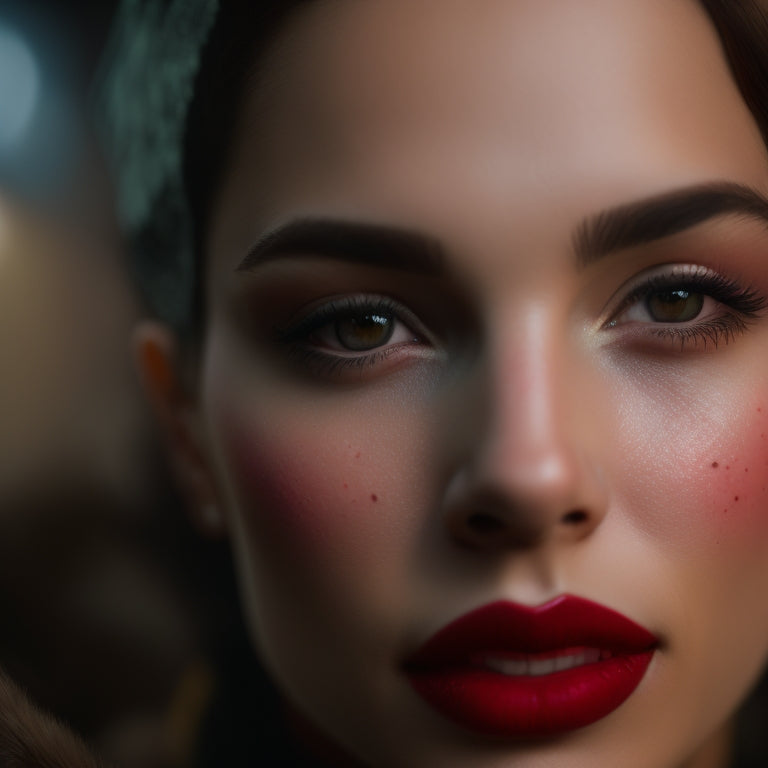 A close-up of a young woman's face, with a subtle shine on her skin, wearing bold, bright red lipstick and dramatic, smoky eyes, with a blurred background of a dance studio.