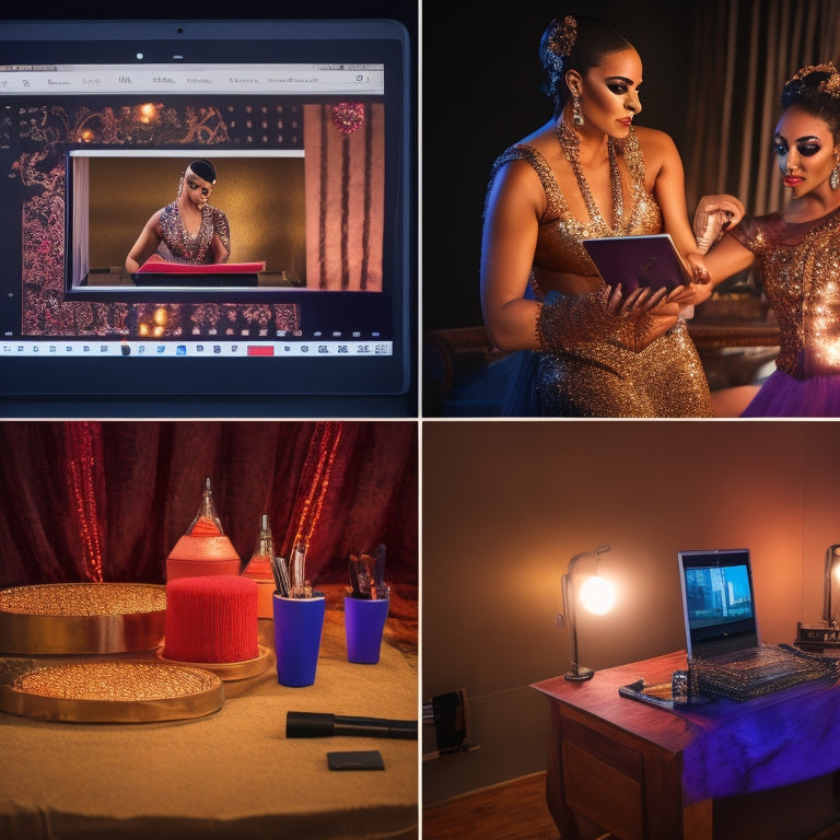 A split-screen image featuring a dance makeup artist's workstation with a laptop, tablet, and smartphone displaying digital tools, alongside a dancer in full makeup and costume, spotlight shining down.