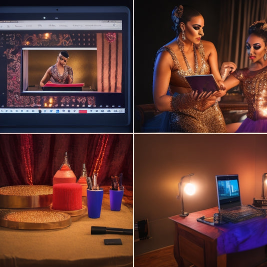 A split-screen image featuring a dance makeup artist's workstation with a laptop, tablet, and smartphone displaying digital tools, alongside a dancer in full makeup and costume, spotlight shining down.