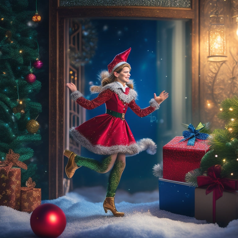 A whimsical illustration of an elf card, adorned with holly and mistletoe, twirling amidst swirling snowflakes and glittering fairy lights, as it transforms into a vibrant, festive holiday scene.