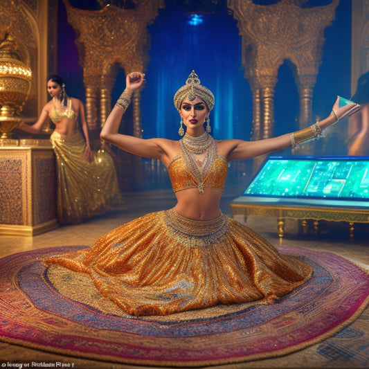 A sensual, golden-lit woman in a flowing, jewel-toned skirt, her hips swaying, arms extended, surrounded by laptops, tablets, and dance shoes, with intricate Middle Eastern patterns in the background.