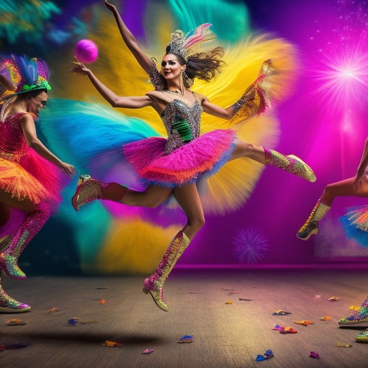 A vibrant, dynamic image depicting a dancer in mid-leap, surrounded by scattered dance shoes, costumes, and accessories, with a blurred, colorful background evoking the energy of a dance competition.