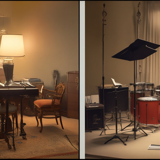 A split-screen image featuring a cluttered, dimly lit practice room with scattered sheets of paper and overturned music stands on one side, and a tidy, well-lit space with organized schedules and instruments on the other.