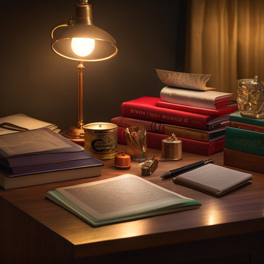 A warm-lit, clutter-free desk with a neatly organized stack of theatrical handbooks, a pencil holder with colored pens, and a single, spotlight-illuminated drama mask in the center.