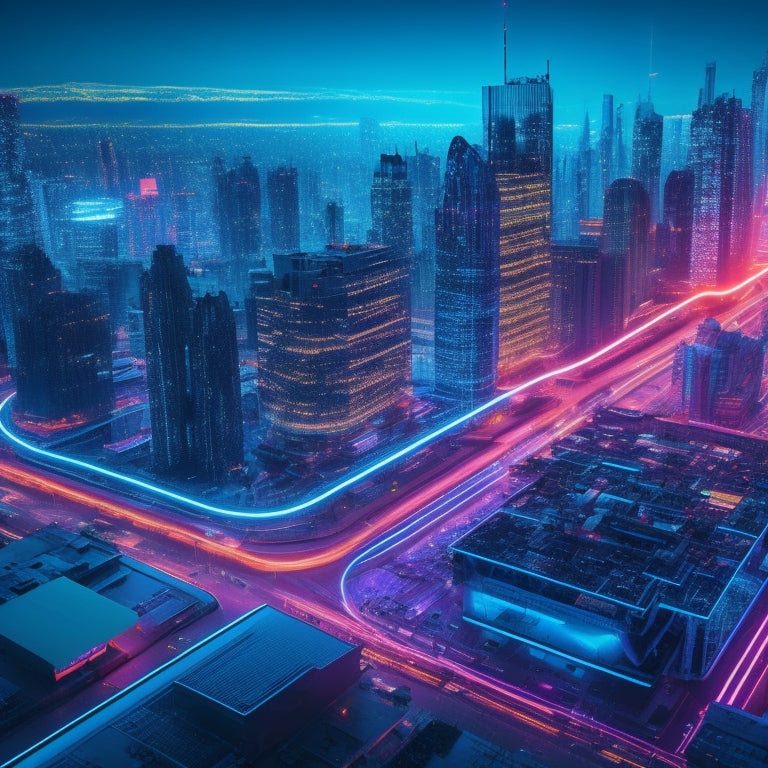 A futuristic, neon-lit cityscape at dusk, with sleek skyscrapers and holographic screens displaying swirling code and data streams, surrounded by levitating laptops and tablets.