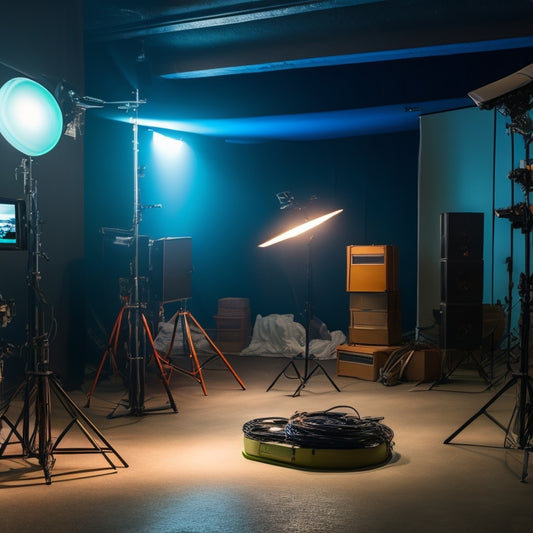 A dimly lit room with various studio lighting equipment, including softboxes, LED panels, and light stands, arranged systematically. A tripod holds a camera, while cables are neatly organized, showcasing an organized setup process.